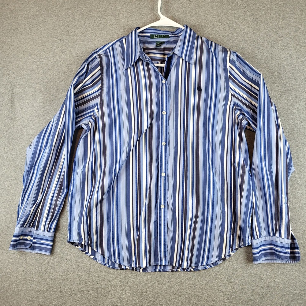 Lauren Ralph Lauren Long Sleeve Shirt Womens Large Blue Button Up Striped Cotton